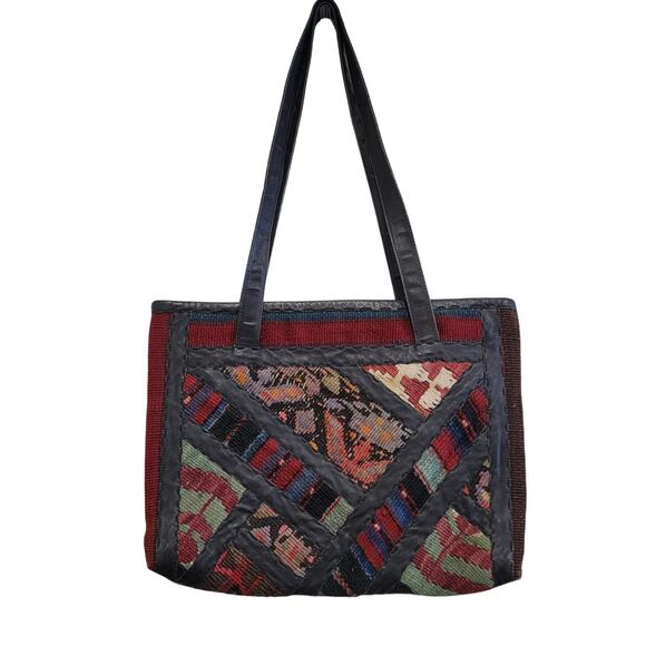 70s Vintage Boho Leather and Wool Carpet Bag Tote - Picture 5 of 10